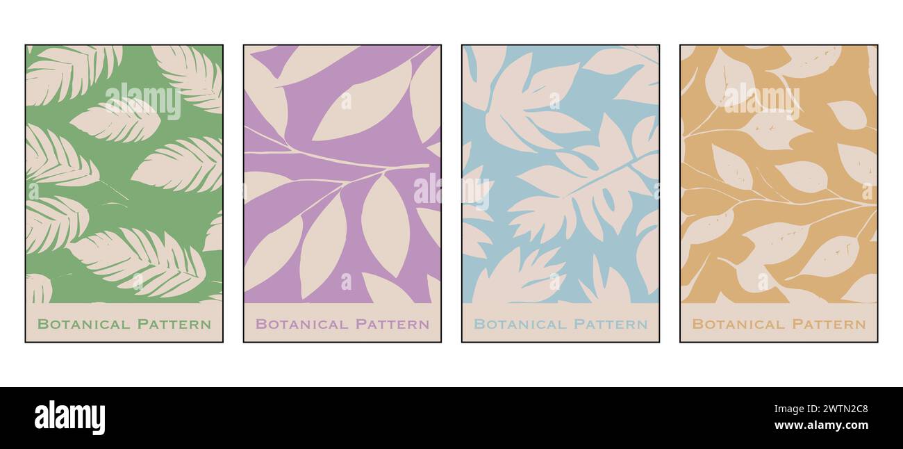 Set mit 4 botanischen Illustrationen. Minimalistisches Muster zum Bedrucken von Wanddekorationen und Covern. Stockfoto