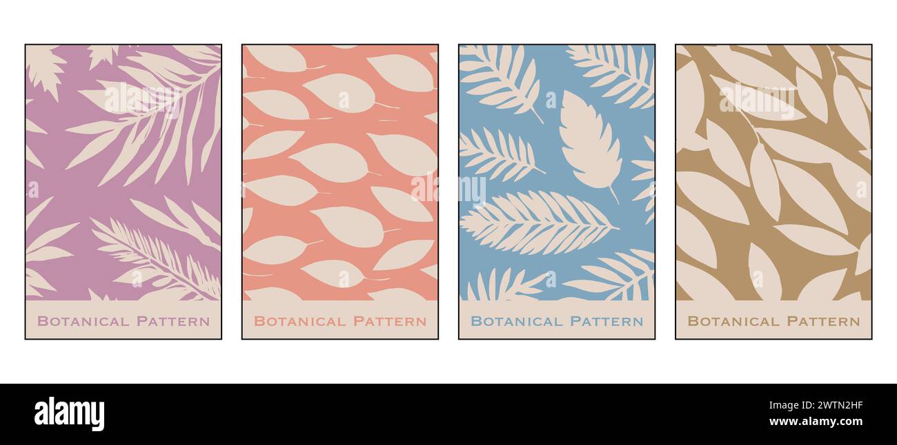 Set mit 4 botanischen Illustrationen. Minimalistisches Muster zum Bedrucken von Wanddekorationen und Covern. Stockfoto