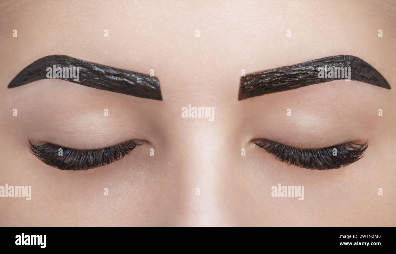 Der Make-up-Künstler trägt in einem Schönheitssalon Henna auf die Augenbrauen auf. Professionelle Gesichtspflege. Stockfoto