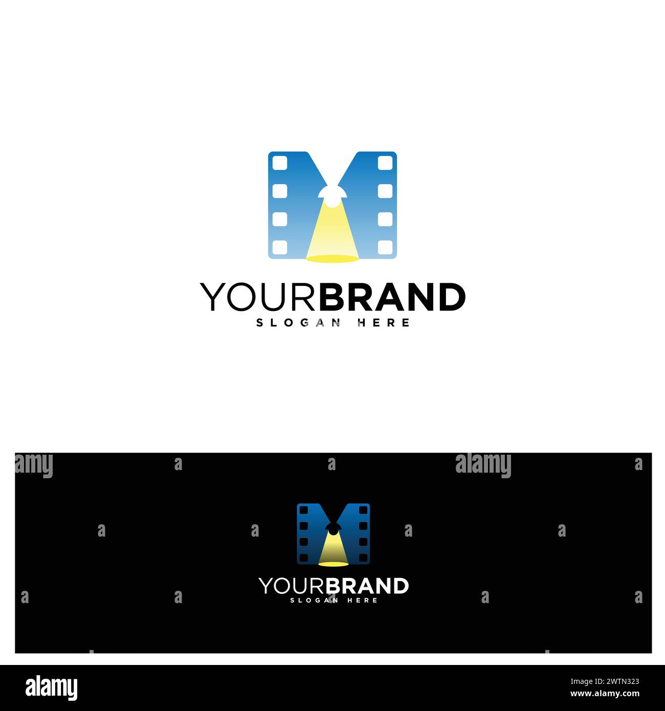 Eleganter Buchstabe M mit Streifenfolie und Spotlight für das Design des Logos für die Filmproduktion. Vektorabbildung Stock Vektor