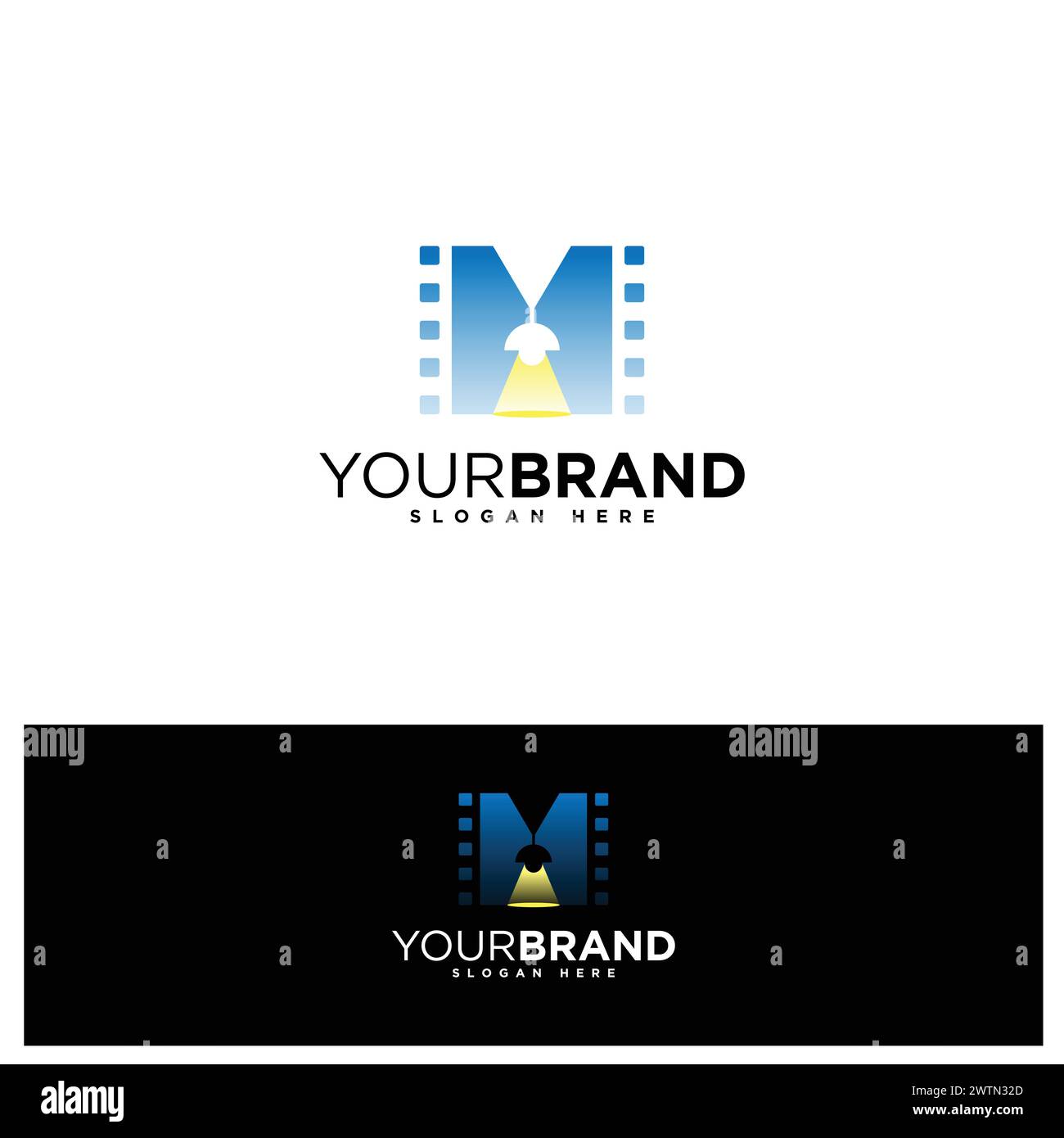 Eleganter Buchstabe M mit Streifenfolie und Spotlight für das Design des Logos für die Filmproduktion. Vektorabbildung Stock Vektor