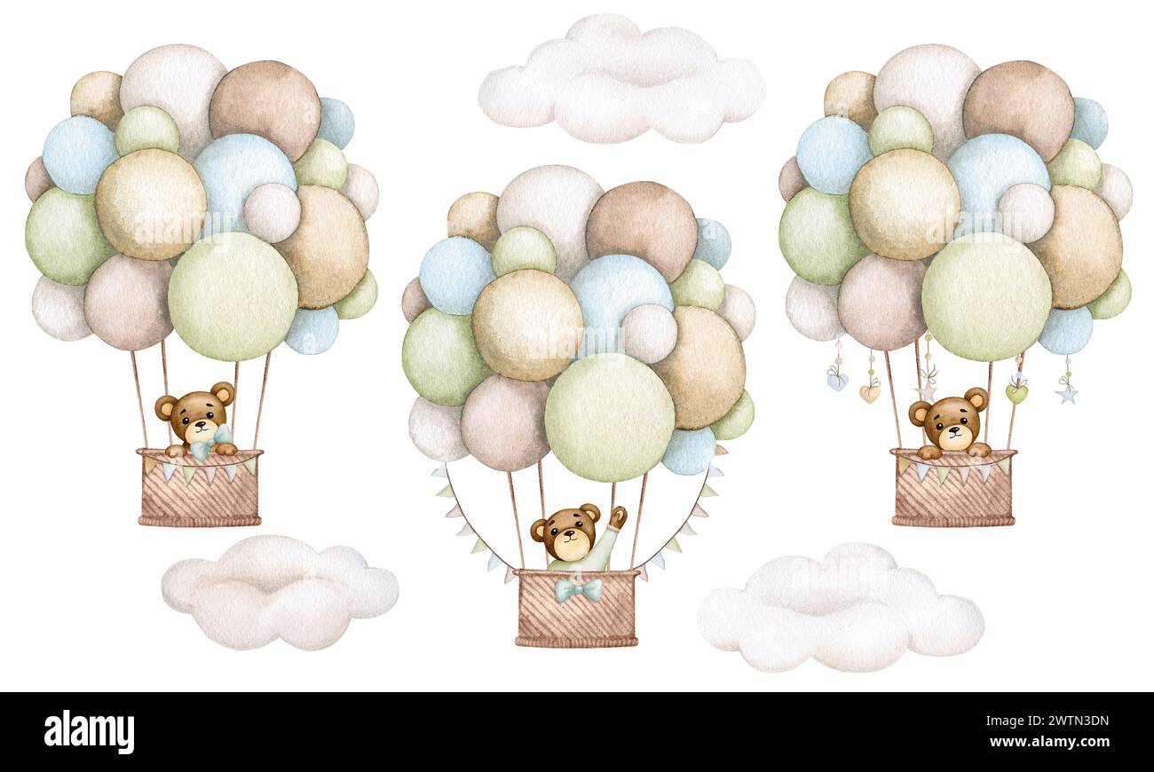 Set für Kinderparty, Geburtstag, Babydusche: Kleine Bärenjungen im Heißluftballon. Jungen. Aquarellabbildung. Designelemente für Karten, po Stockfoto