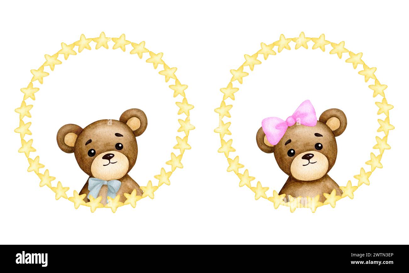Bärenbabys in einem Rahmen. Junge und Mädchen. Geburtstag, Babyparty, Kinderparty. Aquarellillustration für Kinder. Designelement für Grußkarte Stockfoto