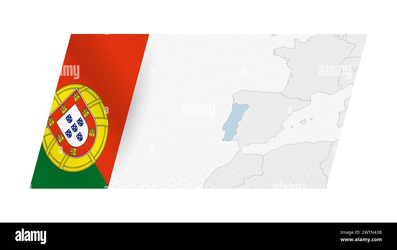 Portugal Karte im modernen Stil mit der Flagge von Portugal auf der linken Seite. Vektorabbildung einer Karte. Stock Vektor