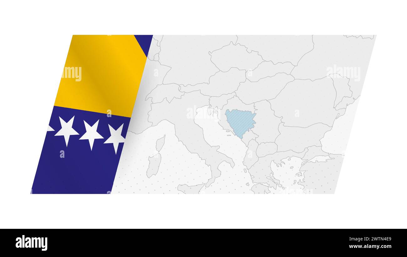 Bosnien und Herzegowina Karte in modernem Stil mit Flagge von Bosnien und Herzegowina auf der linken Seite. Vektorabbildung einer Karte. Stock Vektor