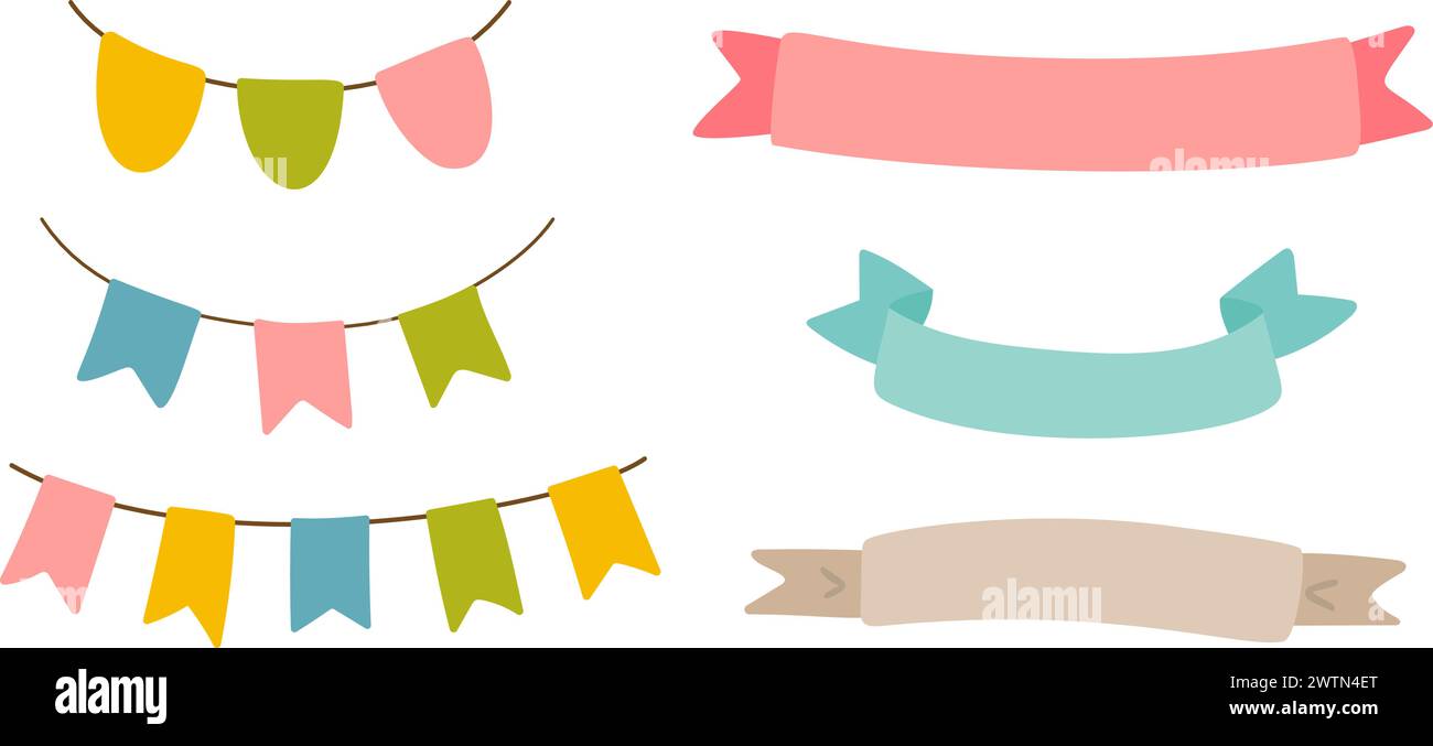 Set aus dekorativer Party-String-Girlande. Feiern Sie das Hängen farbiger Fahnen, Bänder für Babyprodukte, Stoffe, Verpackungen, Bezüge und Einladungen. Vektor Stock Vektor