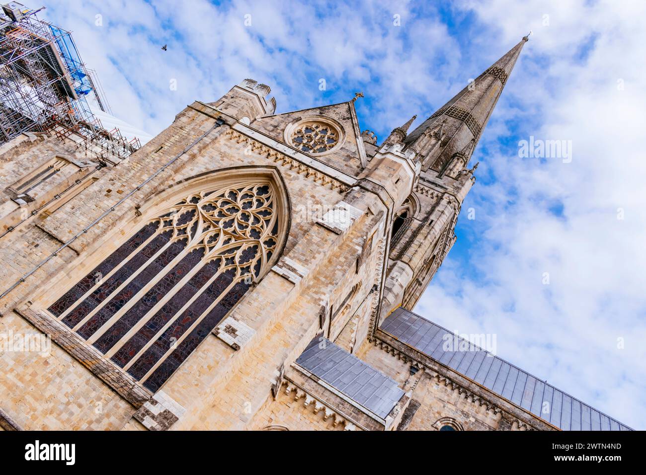 Detail des bleihaltigen gotischen Fensters des Transekts. Die Kathedrale von Chichester, die früher als Kathedrale der Heiligen Dreifaltigkeit bekannt ist, ist der Sitz von t Stockfoto