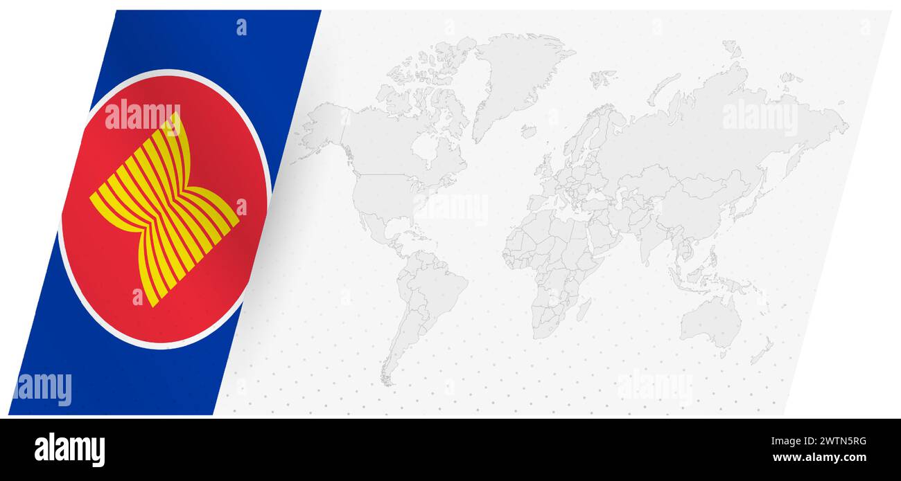 Weltkarte in modernem Stil mit ASEAN-Flagge auf der linken Seite. Stock Vektor