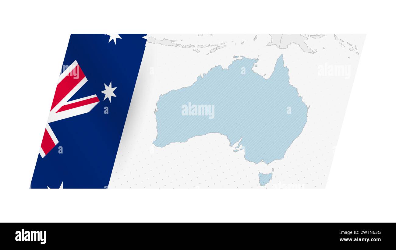 Australien Karte im modernen Stil mit der Flagge von Australien auf der linken Seite. Vektorabbildung einer Karte. Stock Vektor