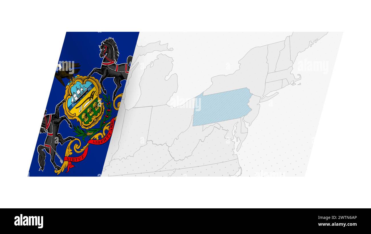Karte von Pennsylvania im modernen Stil mit der Flagge von Pennsylvania auf der linken Seite. Vektorabbildung einer Karte. Stock Vektor
