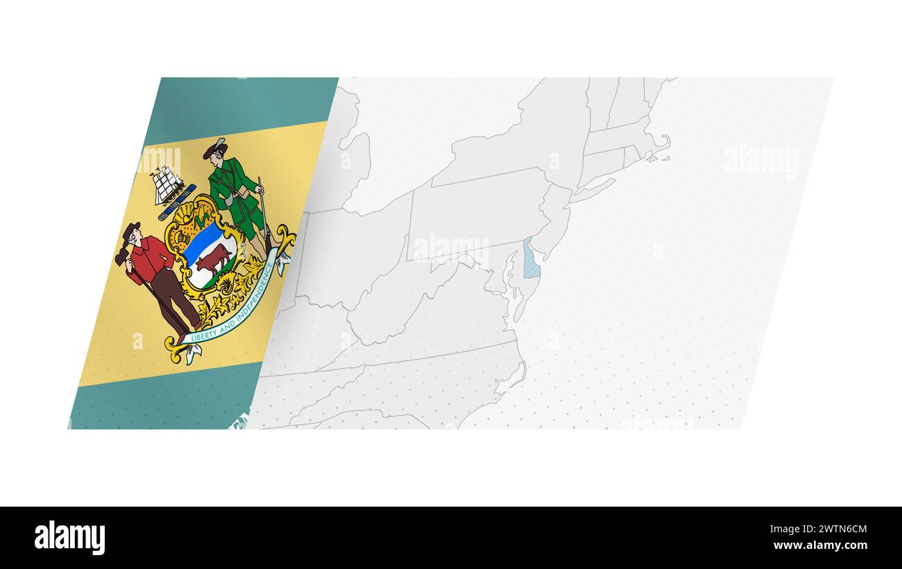 Delaware Karte in modernem Stil mit Flagge von Delaware auf der linken Seite. Vektorabbildung einer Karte. Stock Vektor