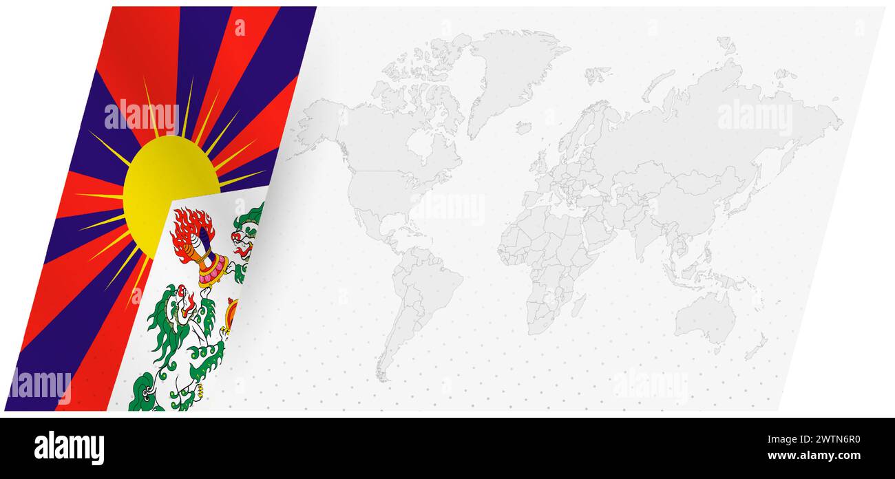 Weltkarte im modernen Stil mit der Flagge von Tibet auf der linken Seite. Stock Vektor