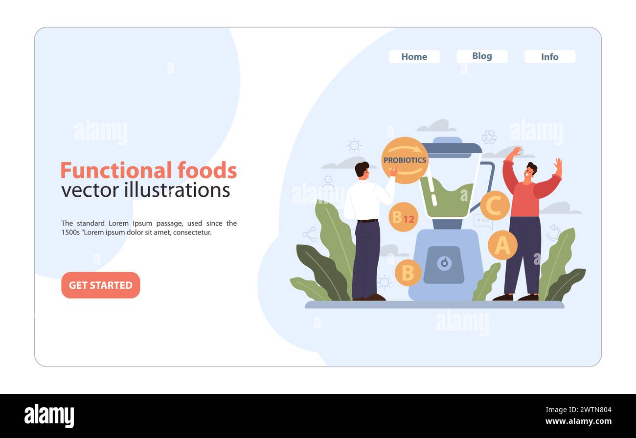 Functional Foods Konzept. Zwei Personen erforschen die Vorteile nährstoffreicher Lebensmittel und betonen die Vitalität von Vitaminen und Probiotika für die Gesundheit. Stock Vektor