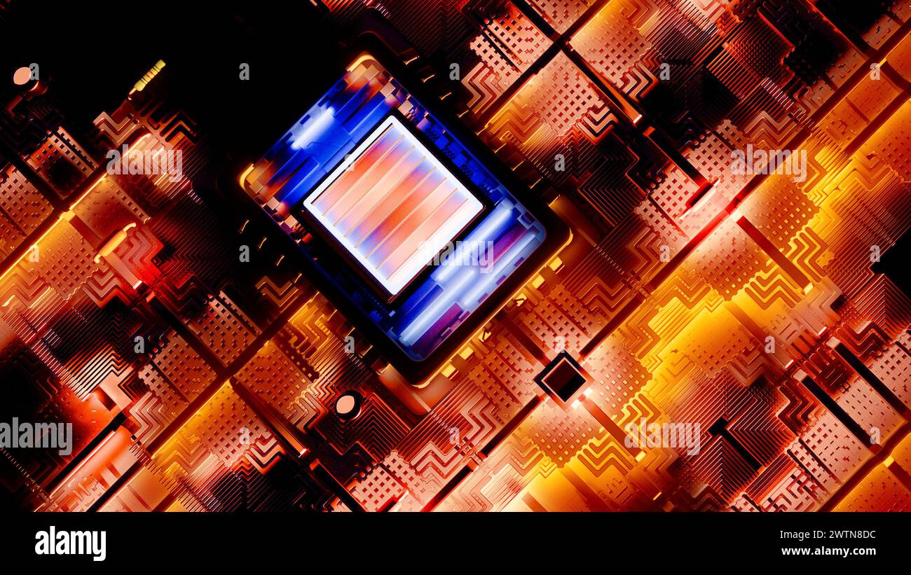 Microchip, Leistung und Geschwindigkeit. Präsentation des neuen Mikrochips. Prozessor eines Computers. Gedruckte Schaltungen. Informationen, Quantencomputer Stockfoto