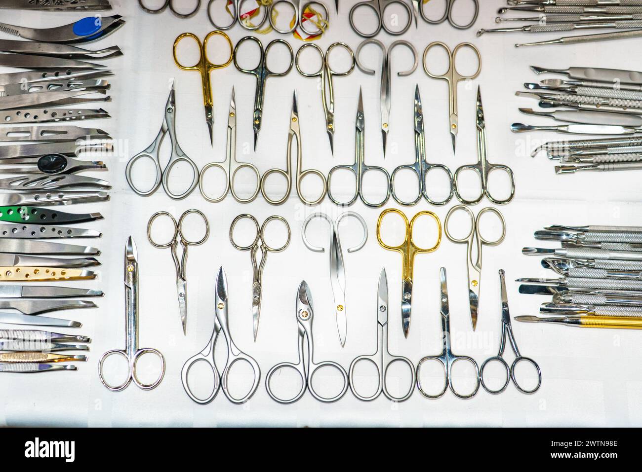 Set aus vielen verschiedenen Scheren für die Maniküre. Metallschere auf weißem Hintergrund. Nahaufnahme... Stockfoto