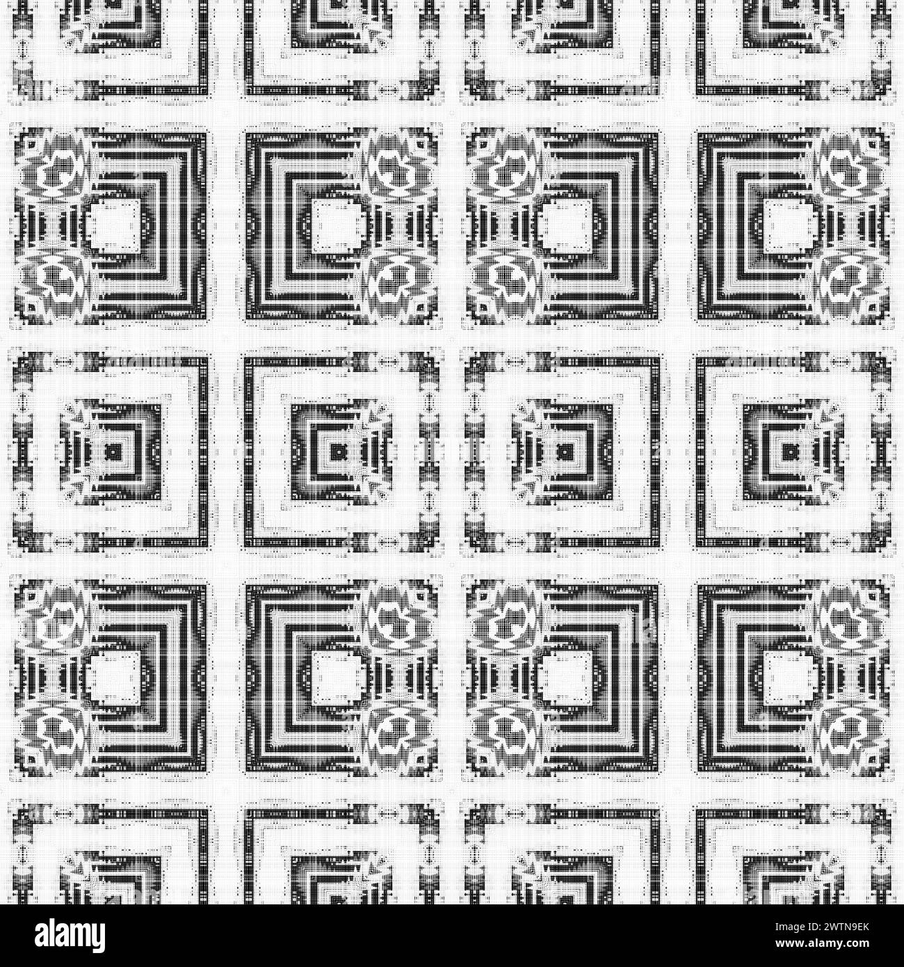 Abstraktes nahtloses schwarzes und weißes Halftone-Muster, Grunge-Stoff-Textur mit geometrischem Dekor in trendigem Luxus-Stil Stockfoto