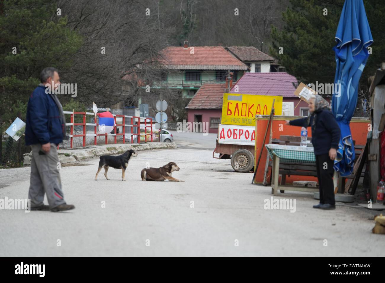 Am 29. Januar begannen die Bewohner des Dorfes Krivelj in der Nähe der Stadt Bor in Serbien, die Straße zu einer Mine zu blockieren, die im Besitz der Chinesischen Gesellschaft war Stockfoto