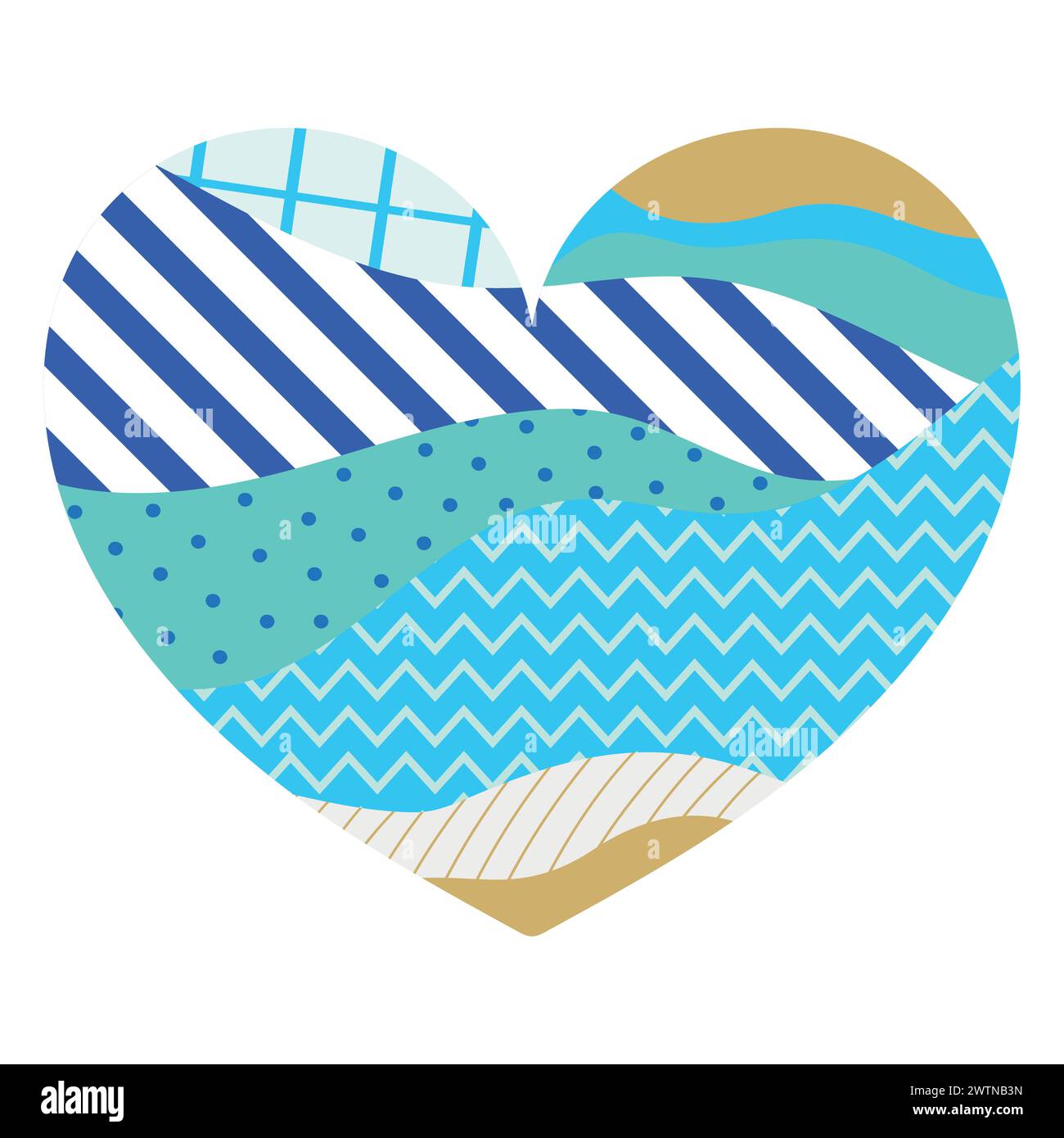 Herz aus verschiedenen Mustern. Herz aus Patches mit verschiedenen Ornamenten wie Polka und Zickzack. Herzdekoration. Vektorabbildung Stock Vektor