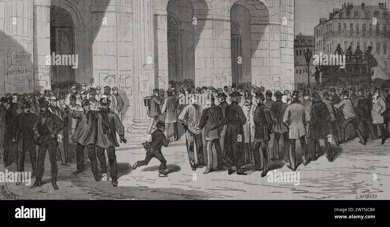 Deutsch-Französischer Krieg (1870–1871). Belagerung von Paris (19. September 1870 bis 28. Januar 1871). Kommunalwahlen vom 5. November 1870 in Paris während der Belagerung. Zeichnung von Miranda. Stich von Laporta. Historia de la Guerra de Francia y Prusia (Geschichte des Krieges zwischen Frankreich und Preußen). Band II Veröffentlicht in Barcelona, 1871. Autor: Fernando Miranda. Spanischer Zeichner aus dem 19. Jahrhundert. Stockfoto