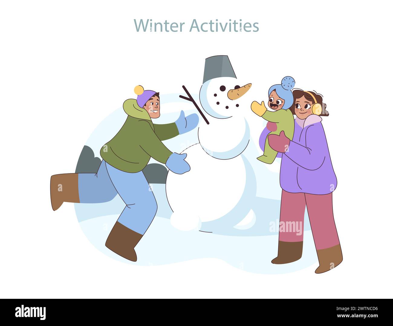 Frostiges lustiges Set. Fröhliche Familienmomente bauen einen Schneemann und feiern die Verspieltheit des Winters. Kalte Tage, erwärmt von geteiltem Lächeln. Stock Vektor