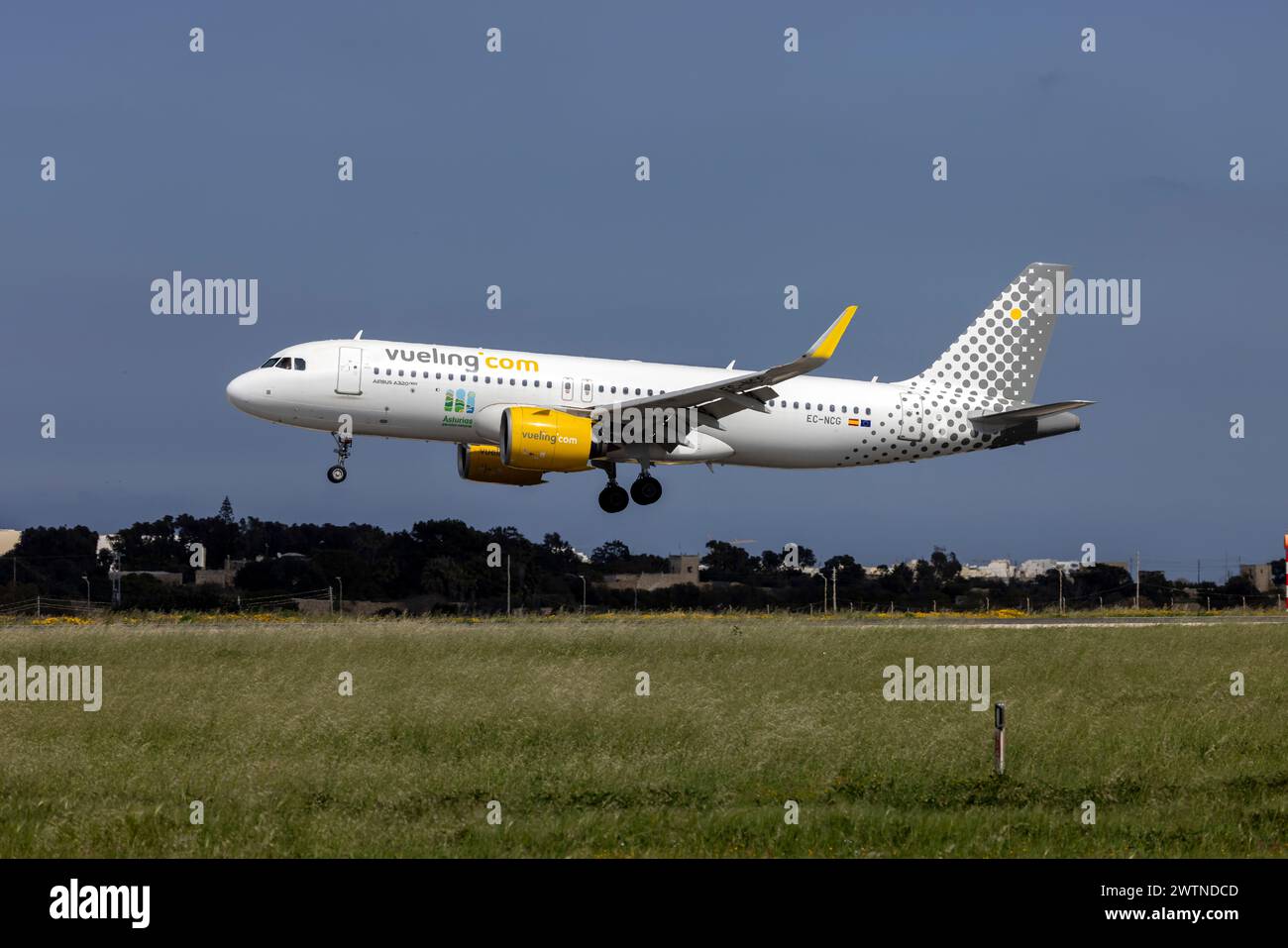 Vueling Airlines Airbus A320-271N (REG: EC-NCG) Landebahn 31 mit Aufkleber „Asturias Paraiso Natural“. Stockfoto