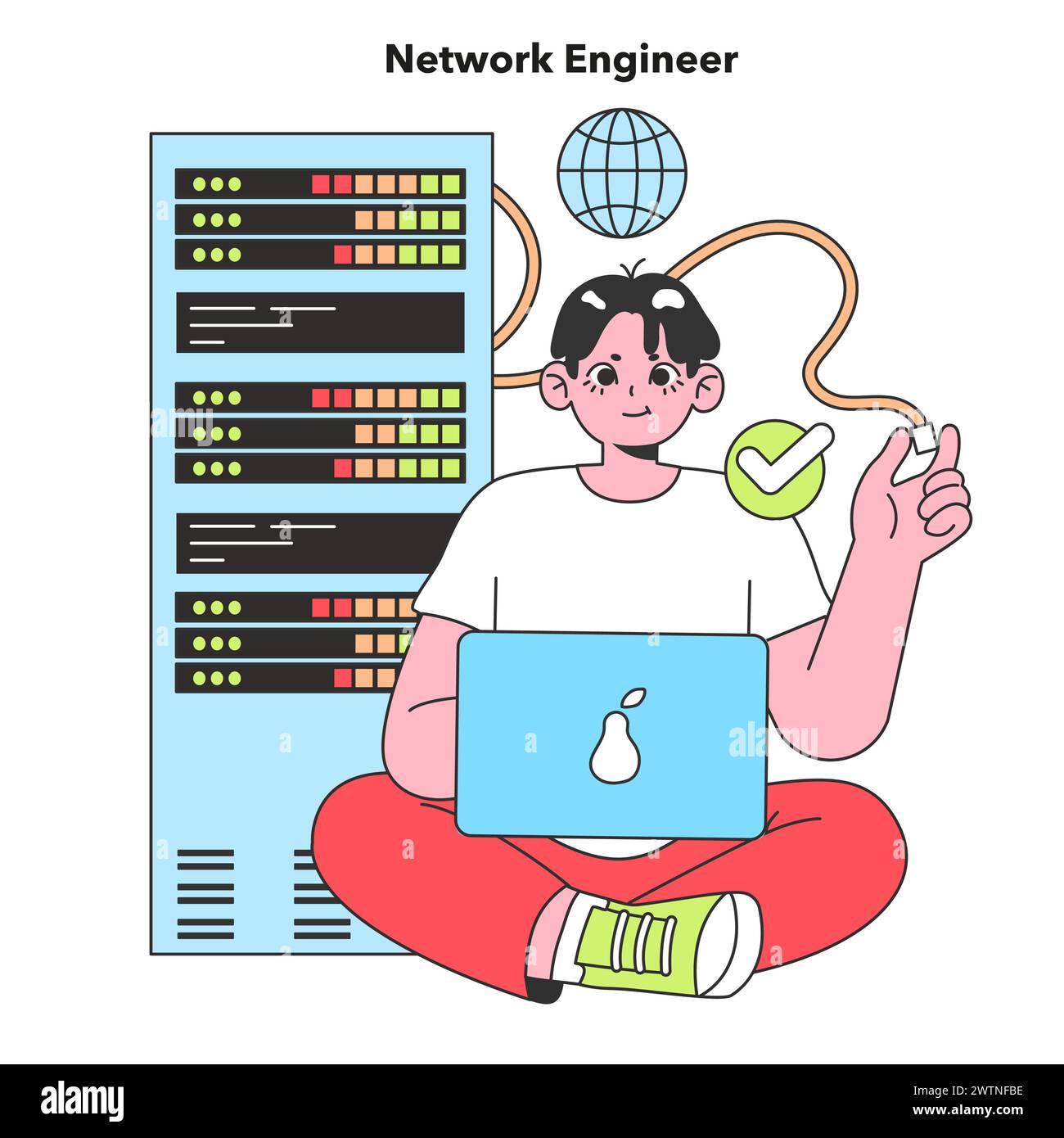 Ein Netzwerktechniker verfügt über wichtige Netzwerkgeräte, die die Konnektivität und das Infrastrukturmanagement für die IT-Karrieremöglichkeiten demonstrieren Stock Vektor