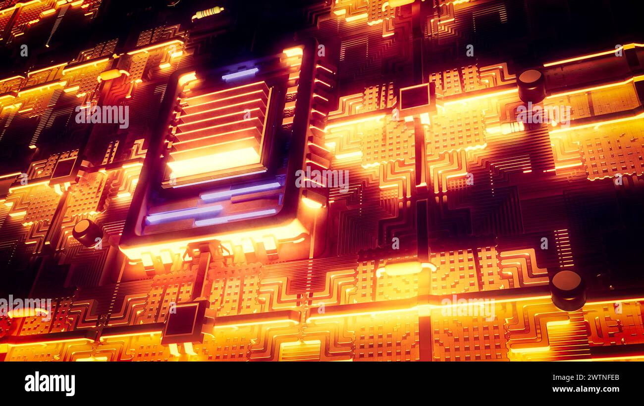 Microchip, Leistung und Geschwindigkeit. Präsentation des neuen Mikrochips. Prozessor eines Computers. Gedruckte Schaltungen. Informationen, Quantencomputer Stockfoto