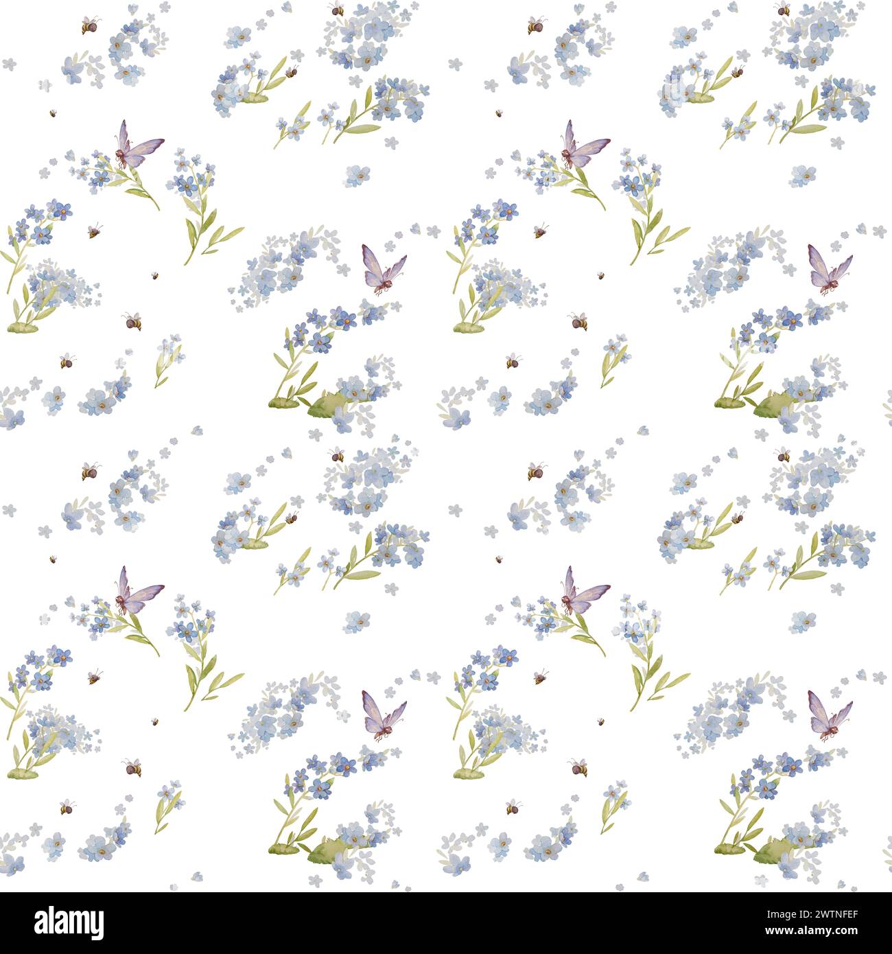 Vergiss mich nicht mit Schmetterlingen. Gartenmärchen Nahtloses Aquarellmuster. Grün-Weiße Hintergründe Für Kinder. Vergiss Nicht, Dass Ich Keine Kinderzimmer-Einrichtung Habe Stockfoto