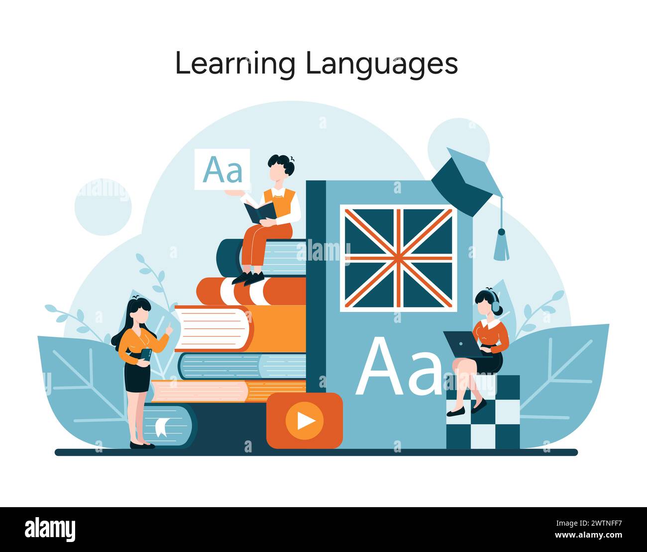 Mehrsprachiges Mastery-Konzept. Sprachen mit Büchern und digitalen Tools integrieren. Die britische Flagge symbolisiert das Englischlernen. Verschiedene Methoden des Spracherwerbs. Vektorabbildung Stock Vektor
