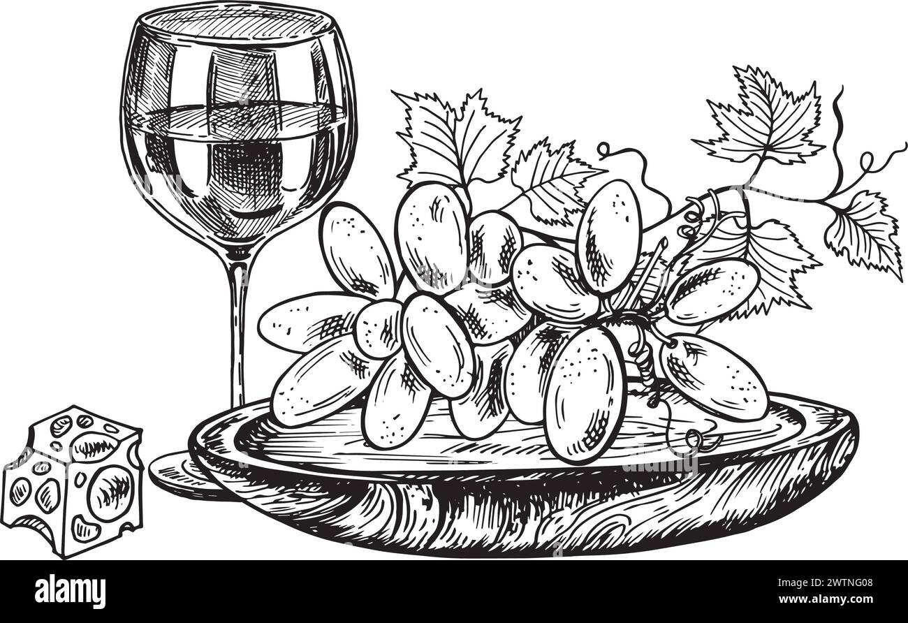 Vektorsatz mit Skizzen von Getränken und Speisen auf weißem Hintergrund. Weinglas Weinblatt, ein Stück Käse und die Zweige der Rebe. Menü, DE Stock Vektor