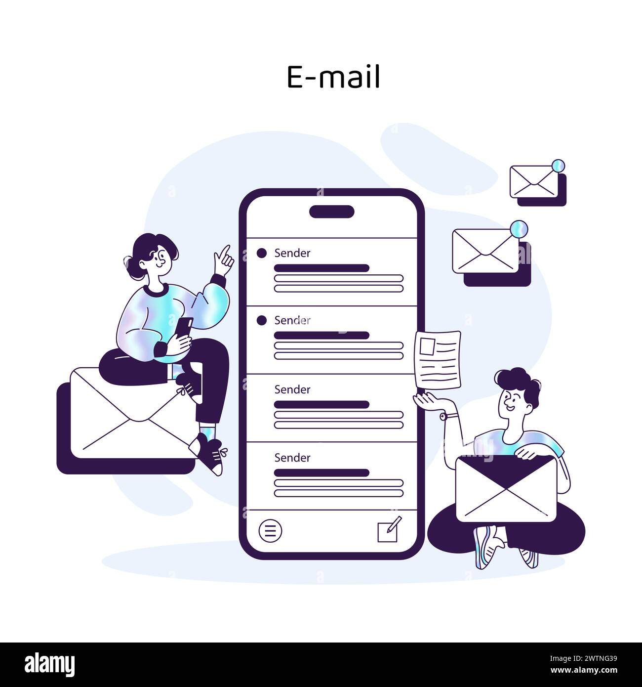 Konzept Der E-Mail-Schnittstelle. Charaktere, die mit einer modernen E-Mail-App auf einem Smartphone interagieren, symbolisieren effiziente digitale Kommunikation. Vektorabbildung Stock Vektor