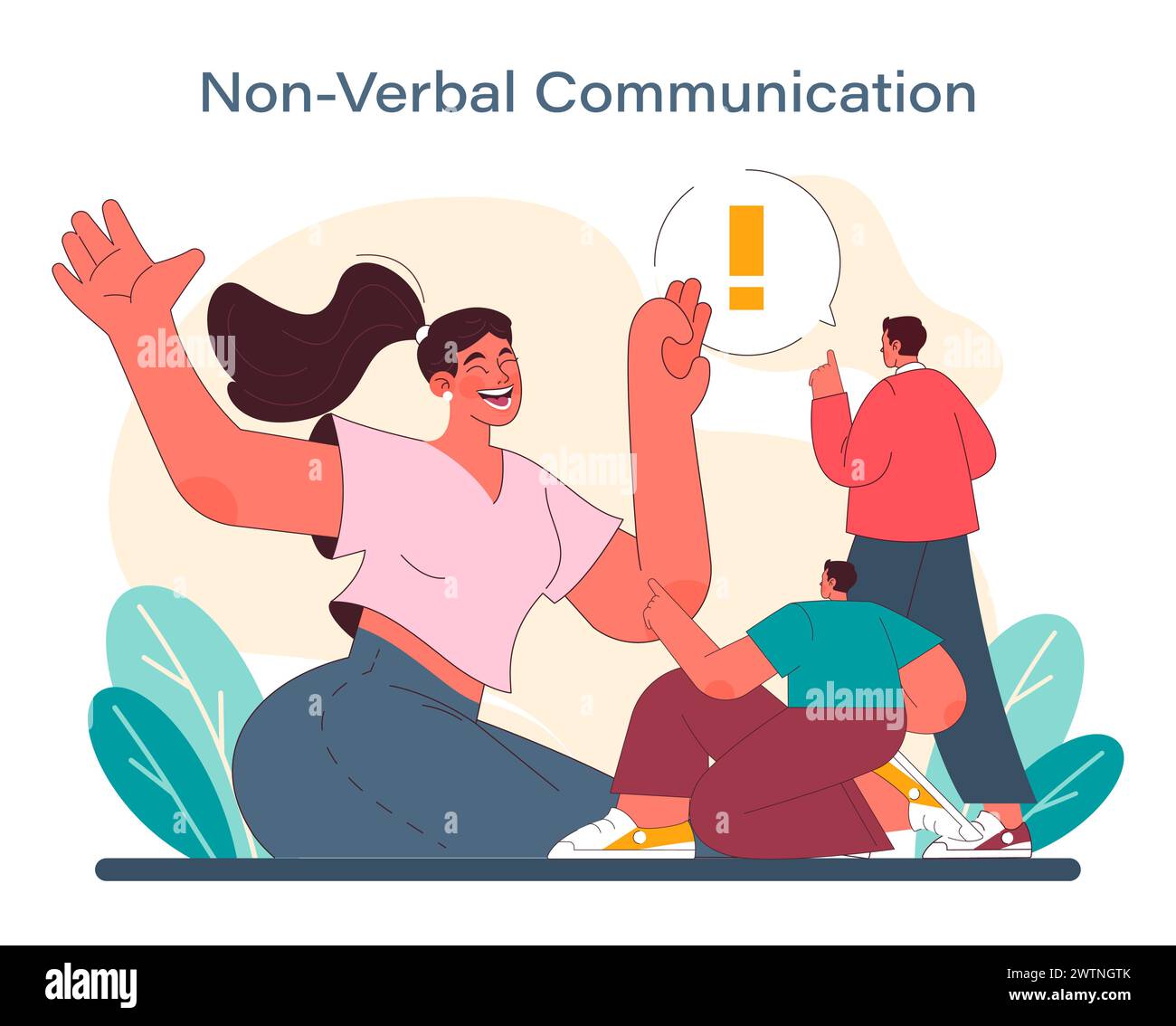 Nonverbales Kommunikationskonzept. Illustration einer freudigen Interaktion, in der Körpersprache Bände spricht und den unausgesprochenen, aber kraftvollen Dialog hervorhebt. Vektorabbildung. Stock Vektor