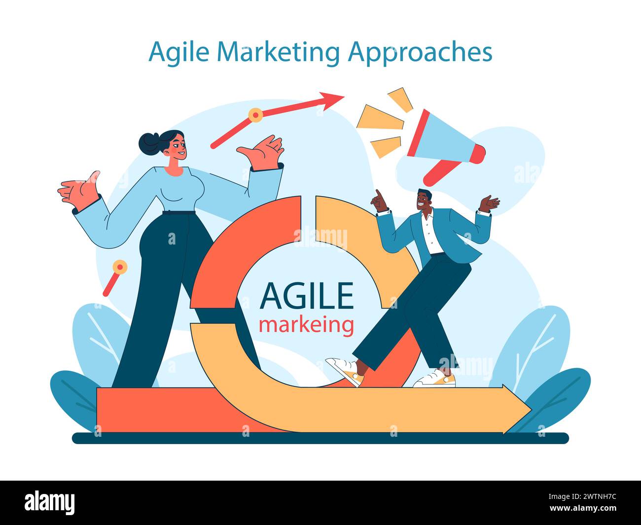 Konzept für agile Marketingansätze. Flexibilität und Effizienz in modernen Marketingstrategien zu integrieren. Dynamische Teamarbeit in Aktion. Vektorabbildung. Stock Vektor