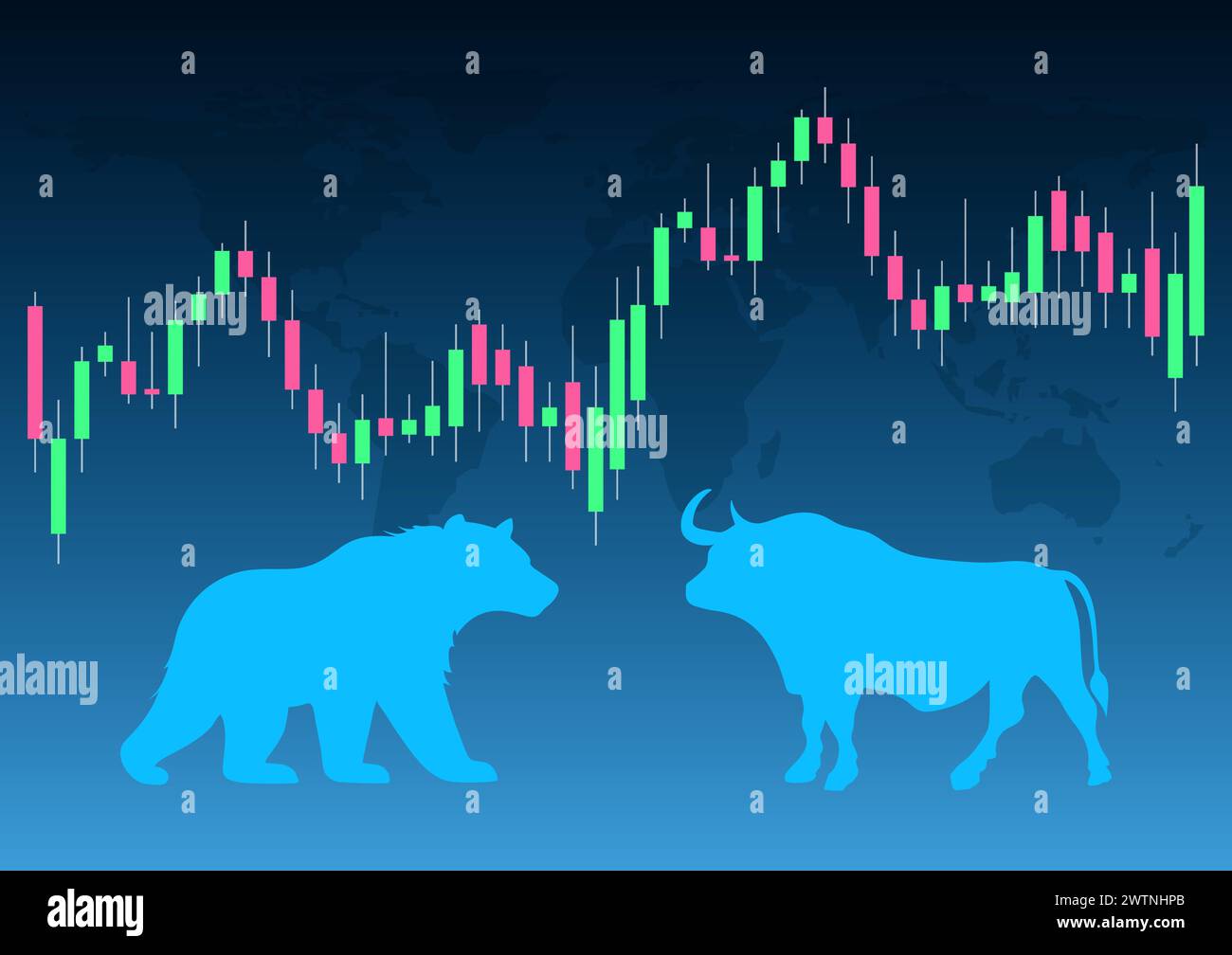 Bull Bär Market Stock Trade Design. Bullischer Devisenmarkt-Broker-Trend wirtschaftlicher Hintergrund. Stock Vektor