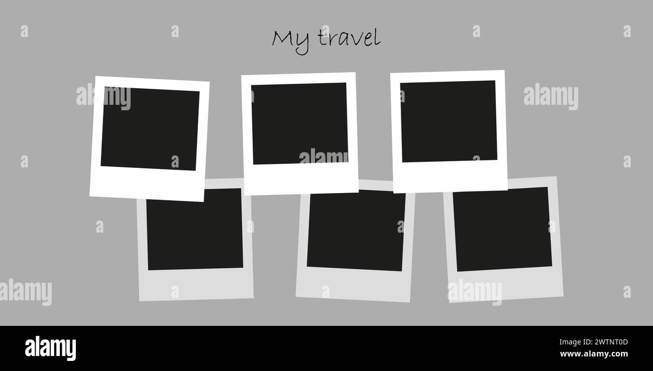 Die Fotokamera rahmt ein Fotomockup-Scrapbook auf eine graue Wand. Mein Reisefoto. Schwarze Fotorahmen-Vorlage. Vektorabbildung. Stock Vektor