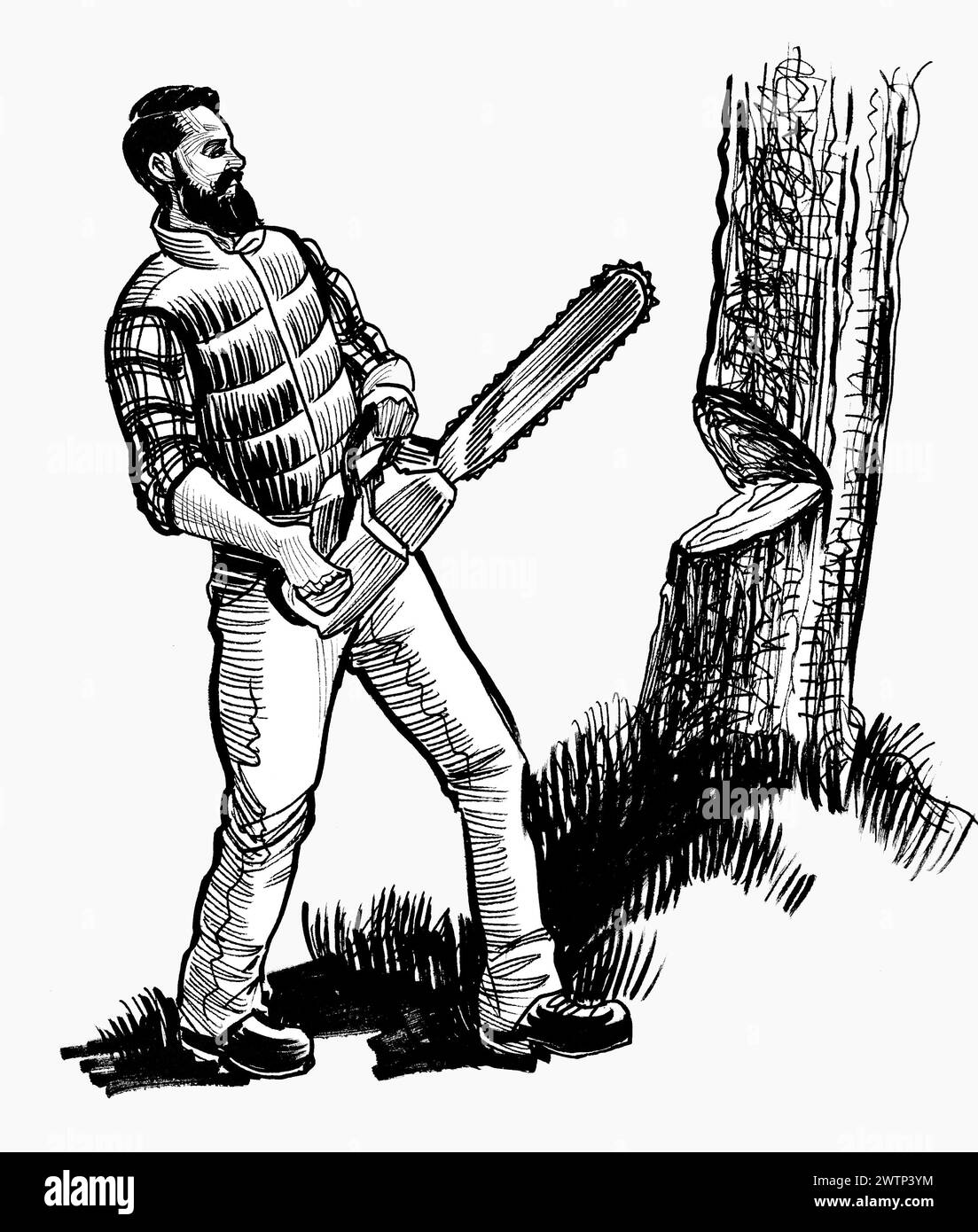 Holzfäller schneiden Baum mit Kettensäge. Handgezeichnete schwarz-weiße Illustration im Retro-Stil Stockfoto
