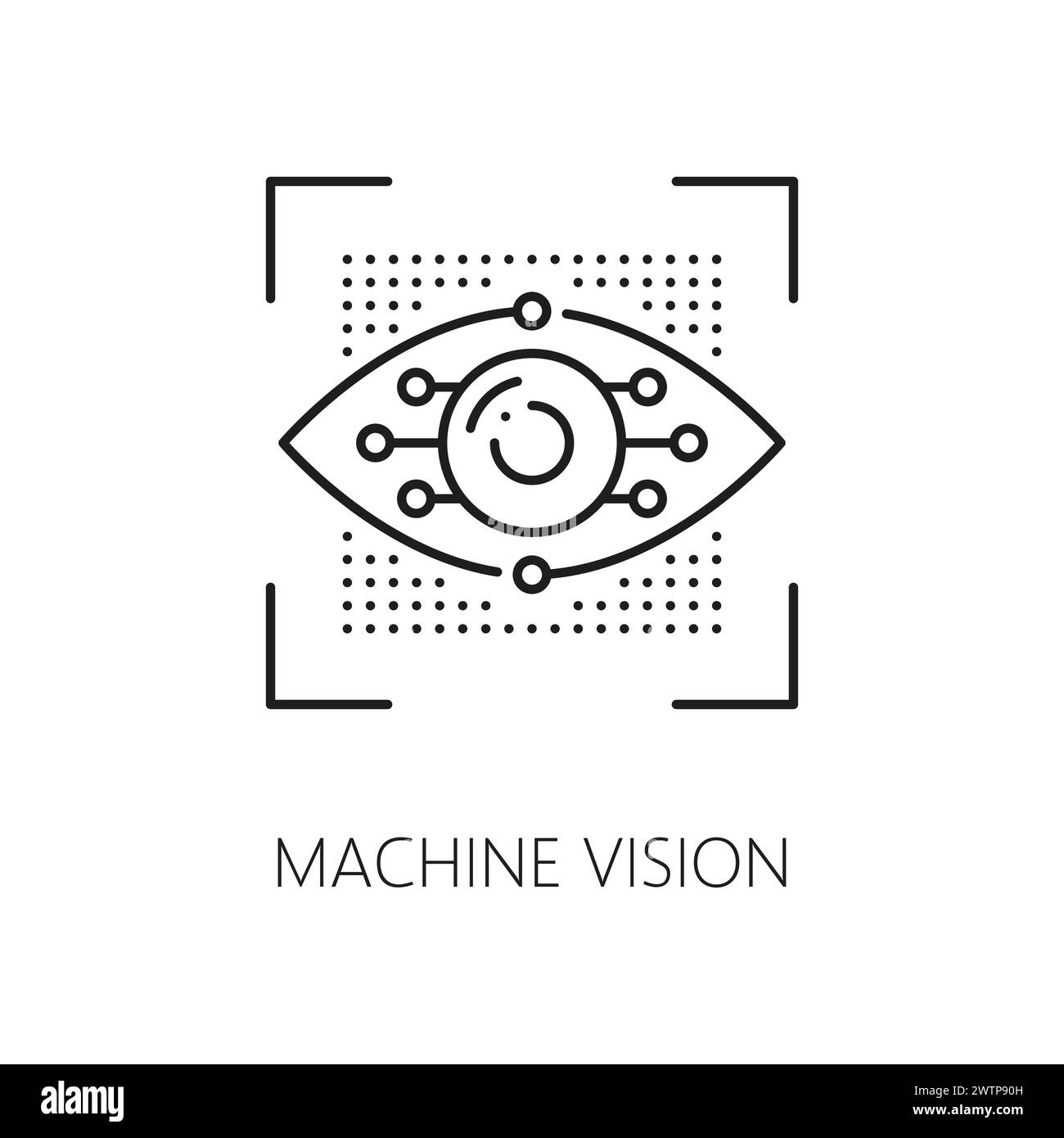 Maschinelles Sehen und Lernen, KI-Algorithmus-Symbol für künstliche Intelligenz. KI-Datenanalyse, technologische Innovation, maschinelles Lernen Wissenschaft Dünnlinienvektor-Piktogramm mit künstlichem Augapfel Stock Vektor