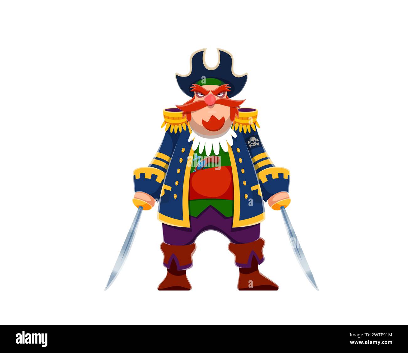 Zeichentrickfilm-Piratenkapitän, Korsair oder Filibuster-Branntvögel glitzernde Säbel, die seine Crew auf hoher See kommandieren. Isoliertes Vektor-Pikaroon mit roten Schnurrbärten und Bart, trägt buntes Outfit Stock Vektor