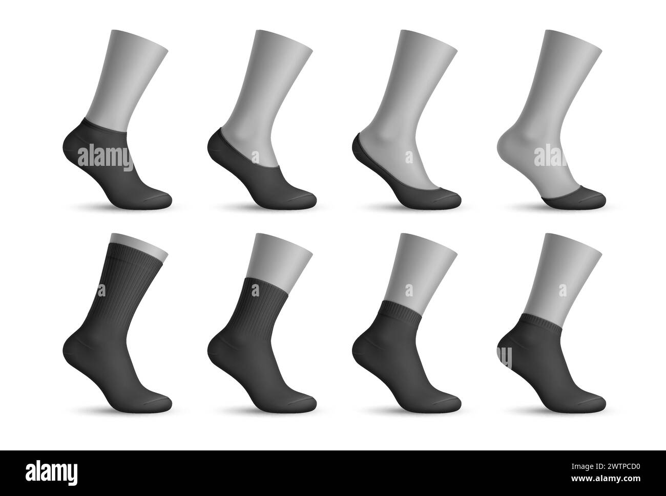 Realistische Herrensocken, 3D-Vektor-schwarze sox-Mockups für Mode- und Sportswear-Designs. Elastische Sockenschablonen aus isoliertem Material mit einem Zehenschutz aus Baumwolle Stock Vektor