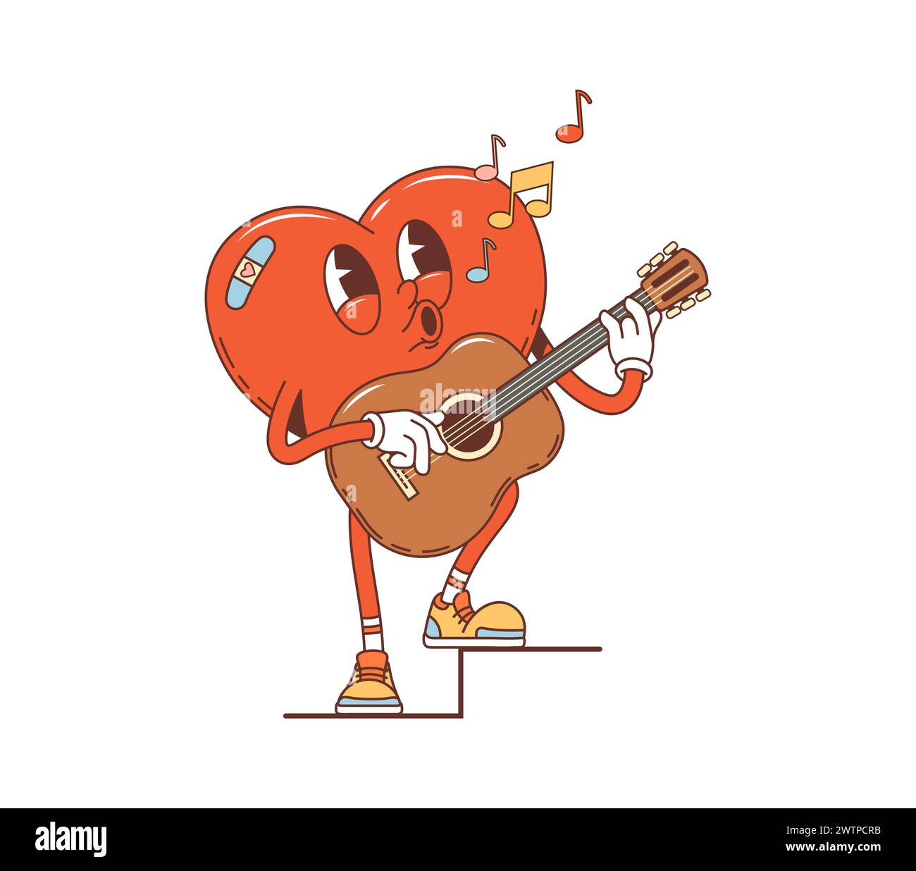 Cartoon Retro groovige Valentine Heart Sängerin Charakter mit Gitarre, Vektor Comic Art. Happy Heart in Love singt Serenade für Valentinstag, 70er Jahre Stock Vektor