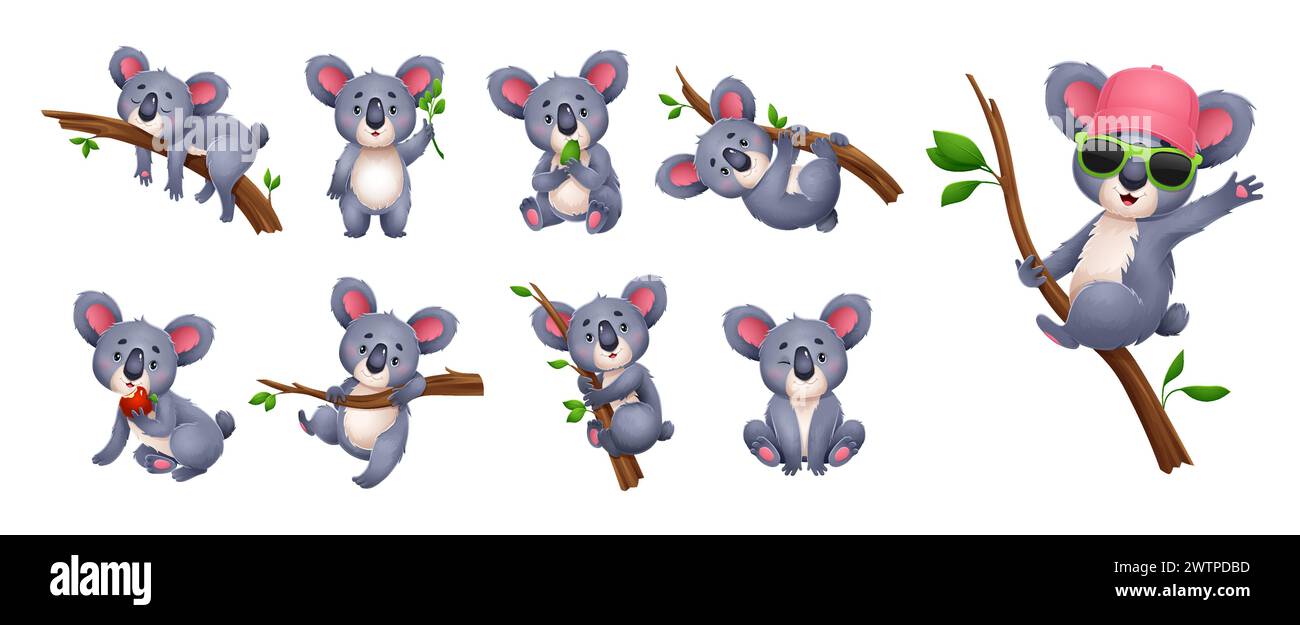 Cartoon Koala Bären Charaktere isolierte Vektor-Set. Kuschelig, verspielt und freundlich animierte Tierfigur mit ausdrucksstarken Augen, die auf Baumästen sitzen, Stock Vektor
