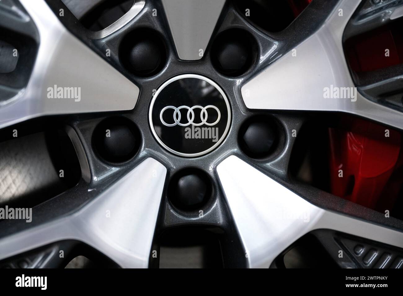 Ingolstadt, Deutschland. März 2024. Das Audi Logo ist vor Beginn der jährlichen Pressekonferenz am Fahrzeugrand in der Firmenzentrale zu sehen. Audi präsentiert die Zahlen für das Geschäftsjahr 2023. Quelle: Sven Hoppe/dpa/Alamy Live News Stockfoto