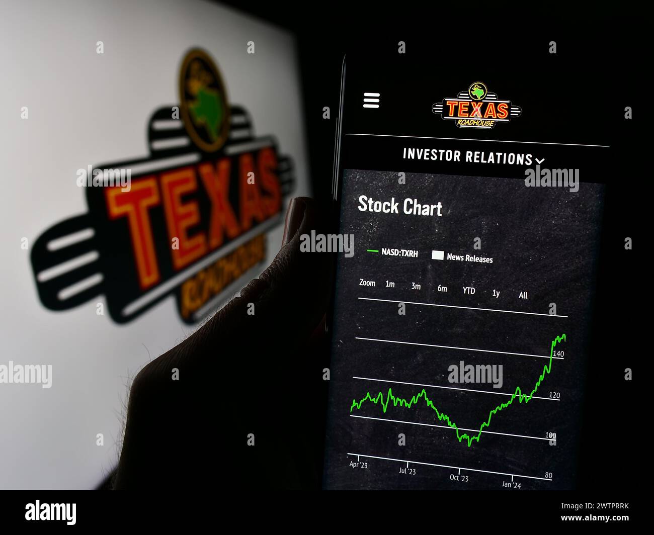 Person, die ein Mobiltelefon hält, mit Webseite des US-amerikanischen Steakhouse-Restaurantunternehmens Texas Roadhouse Inc. Vor dem Logo. Konzentrieren Sie sich auf die Mitte des Telefondisplays. Stockfoto