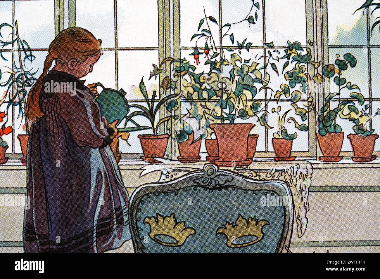 Porträt eines Mädchens, das Pflanzen und Blumen im Fensterbrett tränkt, von Carl Larsson, 1890er Jahre, schwedische Kunst Stockfoto