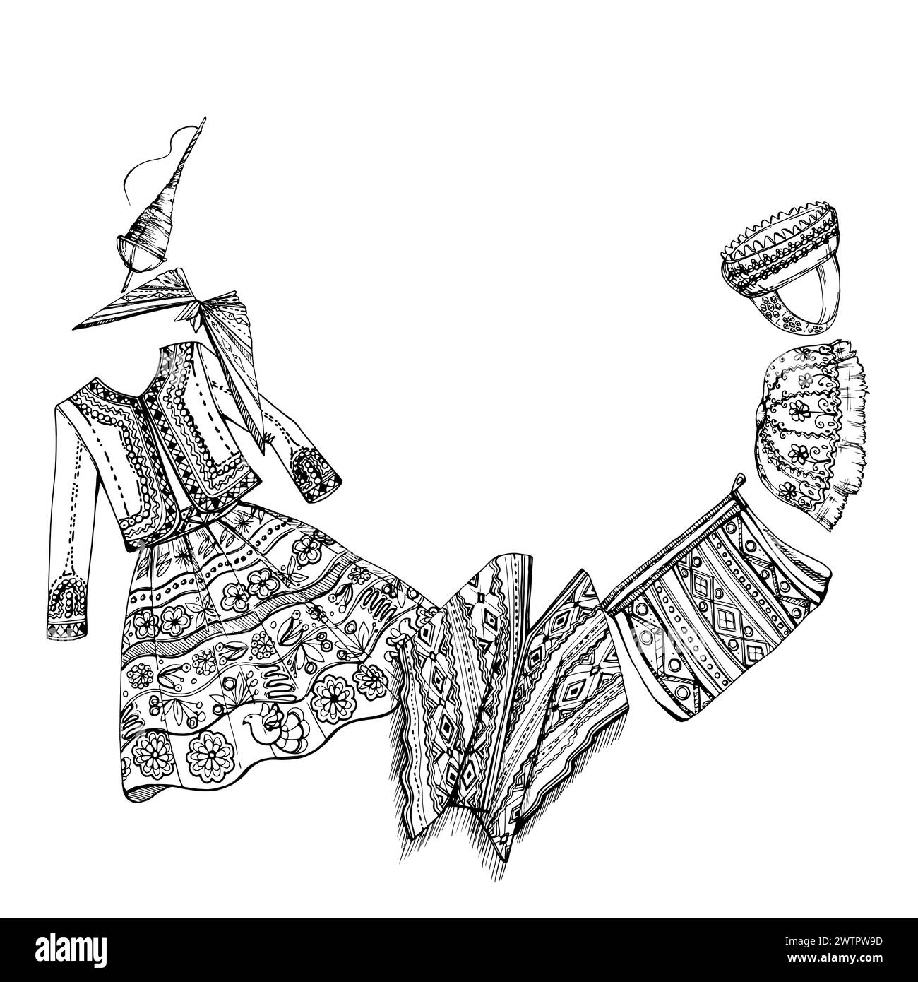 Hand gezeichnete Tinte Vektor Illustration, gestickte nationale indische Kleidung Südamerika Mode Kultur. Kranzrahmen isoliert auf weiß Stock Vektor