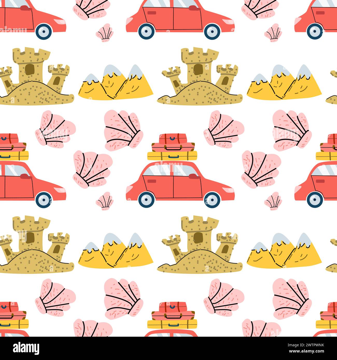 Sommer handgezeichneter Hintergrund mit Strandreiselementen. Vektor-Illustration des Autos mit Gepäck, Berg und Sandburg. Nahtloses Vektormuster. Stock Vektor