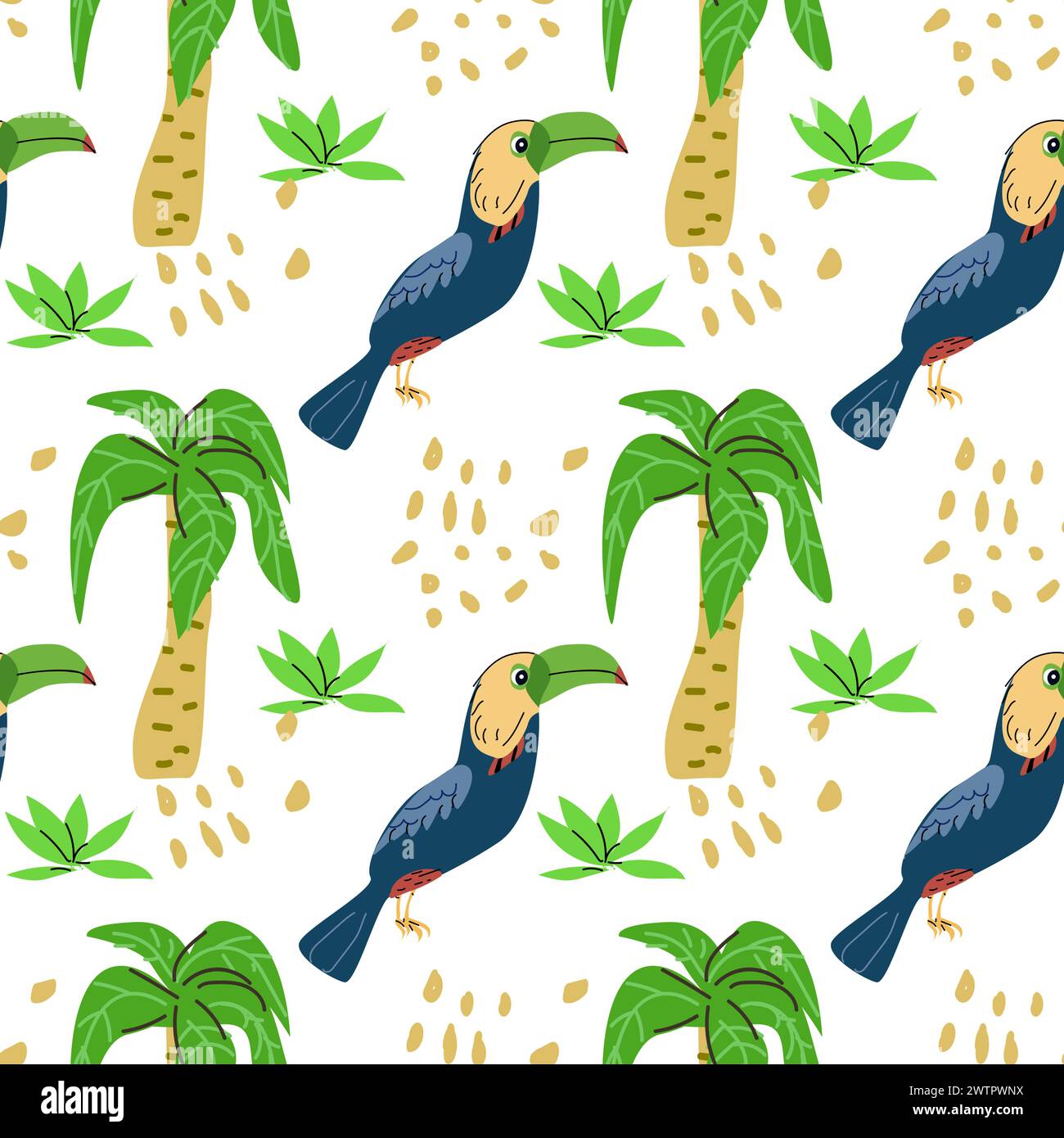 Tropischer Vogel im Sommer mit nahtlosem Muster an der Handfläche. Vektordarstellung isoliert. Blumenmuster mit Blättern und brasilianischem Vogel-Tukan. Stock Vektor