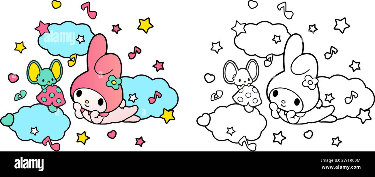 Vektor-Illustration netter Hase schlafend auf Wolken bunte Sterne Formen für Malbuch Kinder, Zeichnung Seiten Cover, Siebdruck Hemden Stock Vektor
