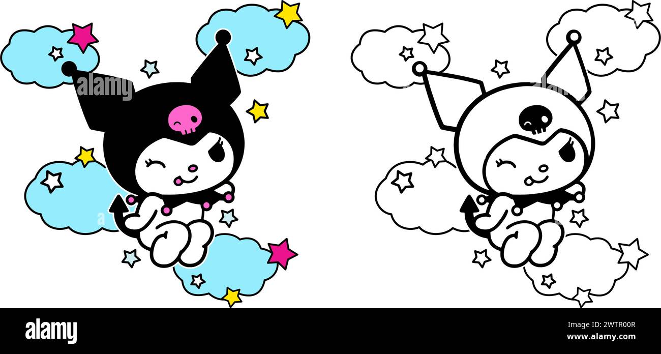 Vektor-Illustration nette Zeichentrick-Kritzelei Kawaii-Kätzchen, die in den Wolken für Malbuch-Kinder fliegen, Zeichnung Seiten Cover, Siebdruck-Hemden Stock Vektor