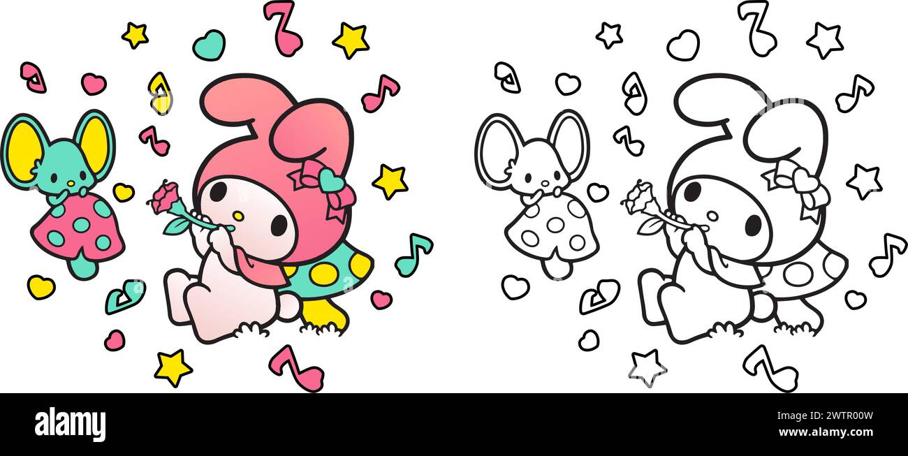 Vektor-Illustration nettes Kaninchen und Maus Zeichentrickfilm musikalische Sterne für Malbuch Kinder, Zeichnung Seiten Abdeckung, Siebdruck Hemden, druckbar Stock Vektor